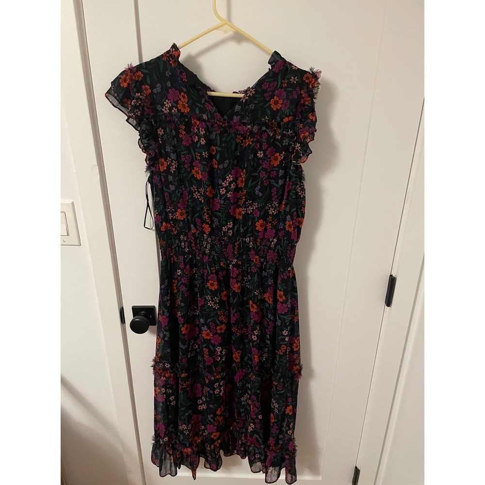 CeCe Floral Print Midi Dress Ruffle Trim Smocked Waist Black Orange Purple XL - Picture 2 of 3